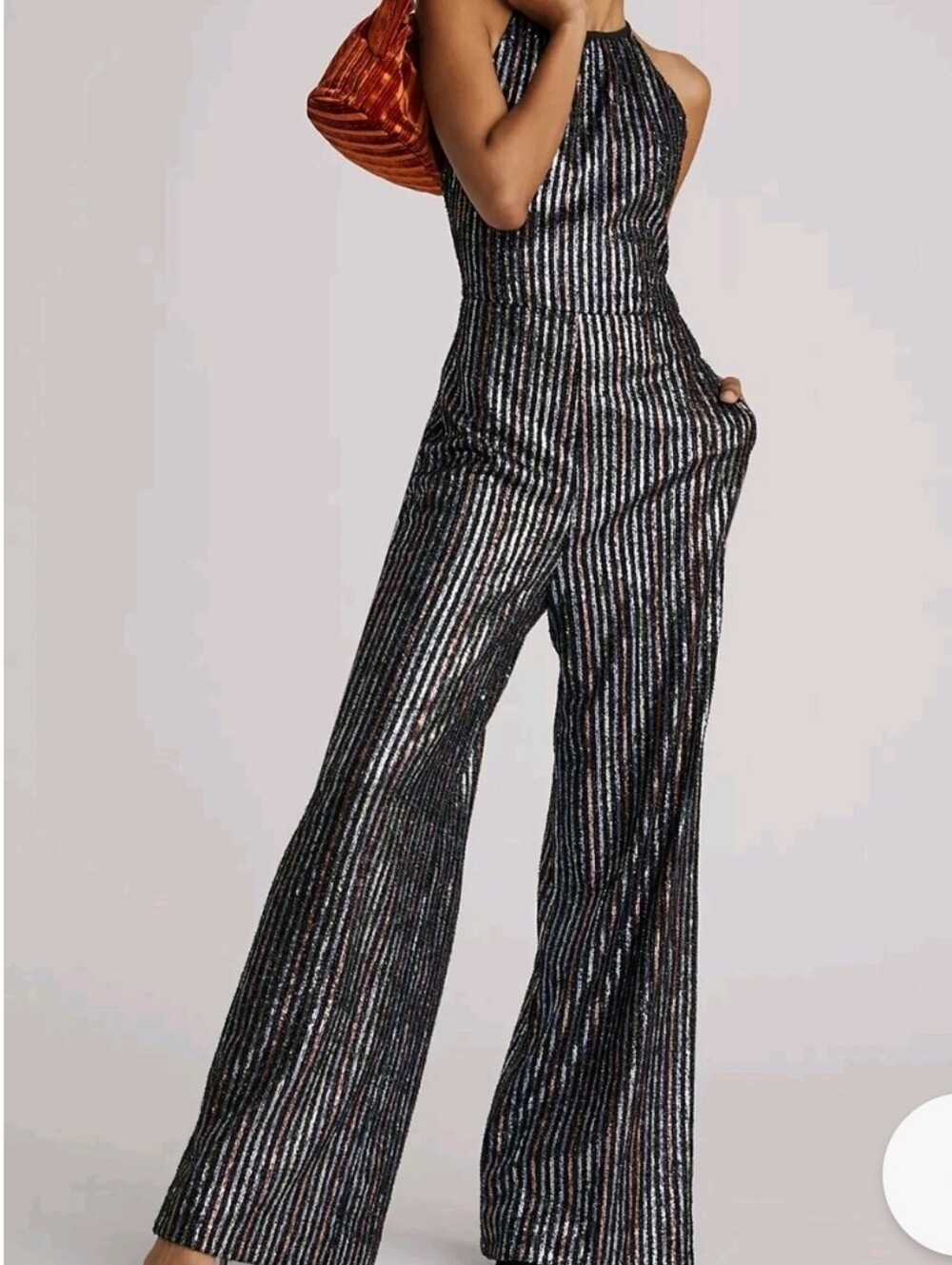 Anthropologie Maeve Disco Halter Wideleg Jumpsuit Black Size 12